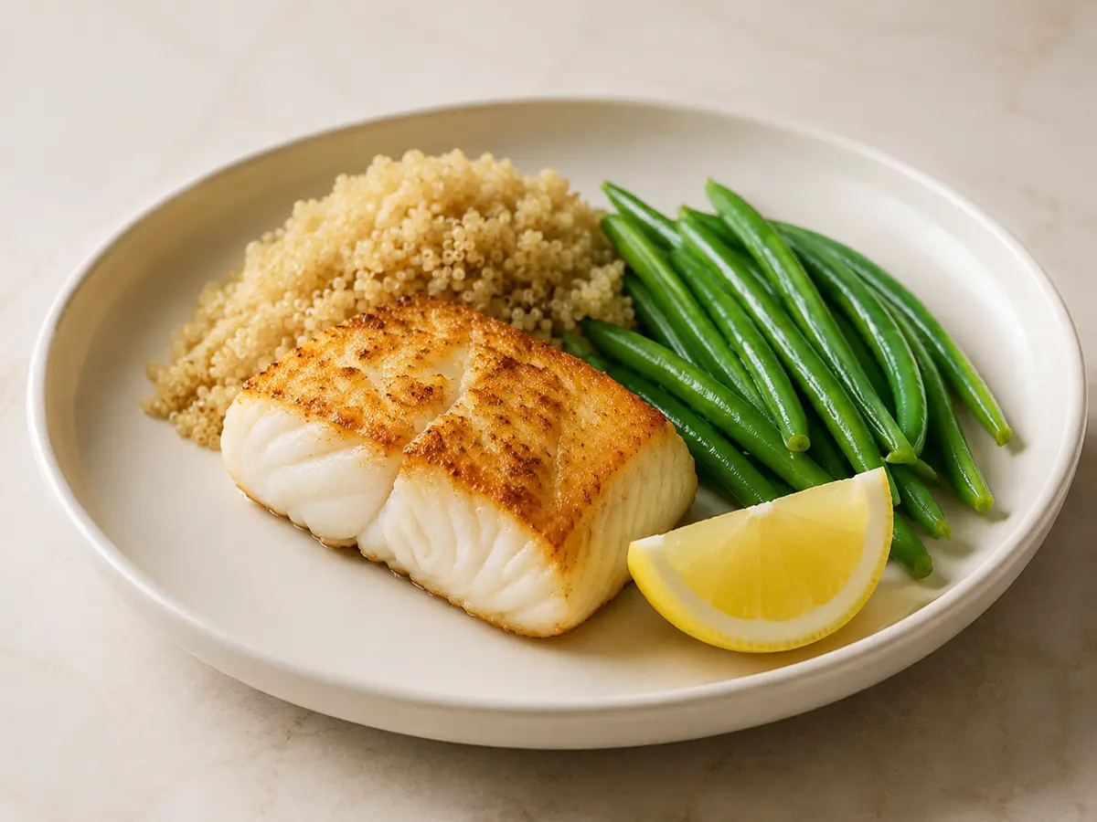 Pan-seared cod fillet plated with fluffy quinoa, green beans and a lemon wedge.