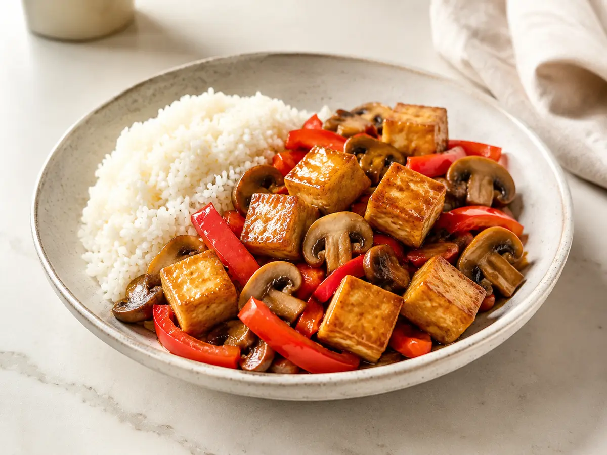 Crisp golden tofu cubes with mushrooms and red pepper strips in a glossy sauce, served with steamed white rice in a speckled bowl.